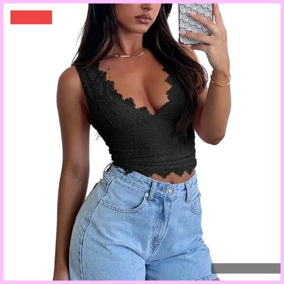 Sexy V-Neck Sleeveless Lace Cropped Tank Top Y2K Trendy - Picture 4 of 4
